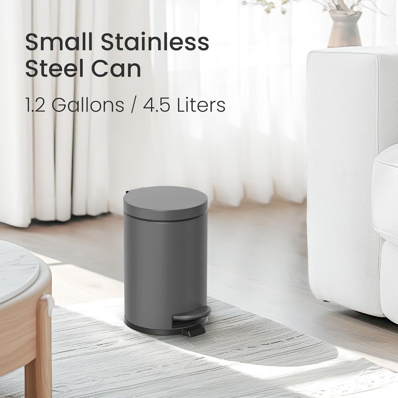 Cesun 1.2 Gallons Small Gray Trash Can, Bathroom Garbage Can with Lid and Foot Pedal, Mini Round Wastebasket for Bathroom, Bedroom, Office, 4.5 Liters / 1.2 Gallons, Gray - Image 2